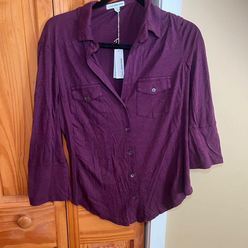 James Perse Three Quarter Sleeve Purple Button-Up Top